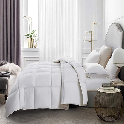 Serta Goose Feather Down Fiber Cotton Comforter Twin Size - 100% Cotton Duvet Insert - Hotel Luxury Hypoallergenic Bedding Comforter Light Warmth 68 x 90 Inch White