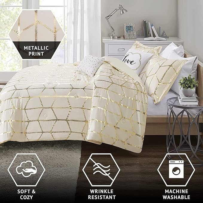 Intelligent Design Raina King/Cal King Comforter Set, Soft Microfiber, Modern Geometric Metallic Bed Set, 5 Pieces College Bedding with 2 Shams, 2 Toss Pillows Ivory/Gold