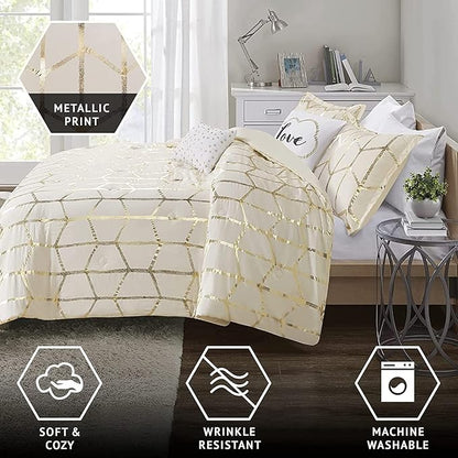 Intelligent Design Raina King/Cal King Comforter Set, Soft Microfiber, Modern Geometric Metallic Bed Set, 5 Pieces College Bedding with 2 Shams, 2 Toss Pillows Ivory/Gold
