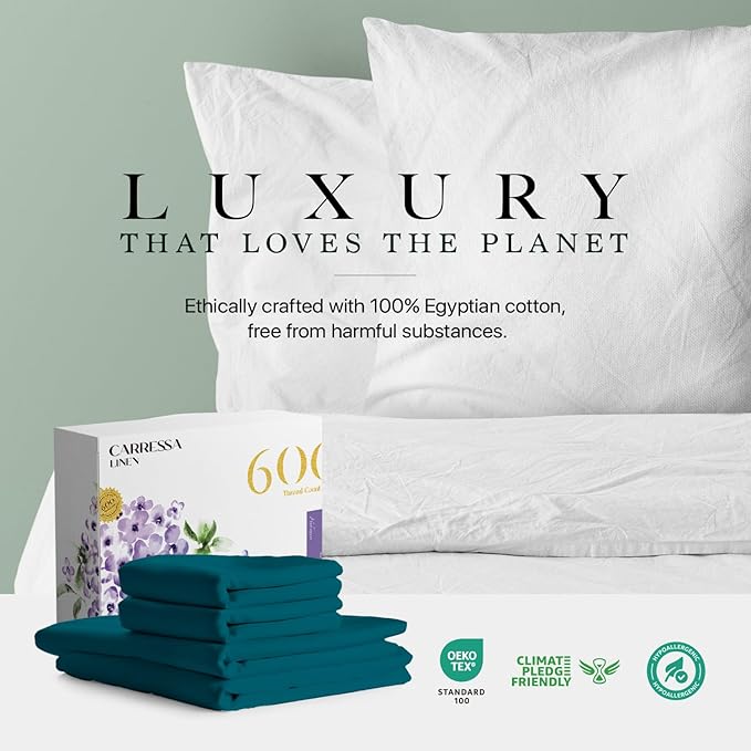 Carressa Linen 100% Egyptian Cotton California King Size Sheet Set - Luxury 600 Thread Count Cotton Sheets Cal King Size (Peacock Teal), Silky Soft, Cooling, Sateen Weave 16" Deep Pocket Hotel Sheets