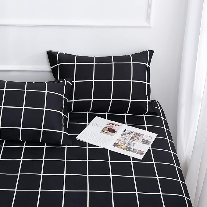 Best Season Bed Sheet Set 4 Pieces -Queen Size-Soft Durable Microfiber Bedding Sheet Set,Deep Pocket,Stain,Fade & Wrinkle Resistant (Plaid Black)