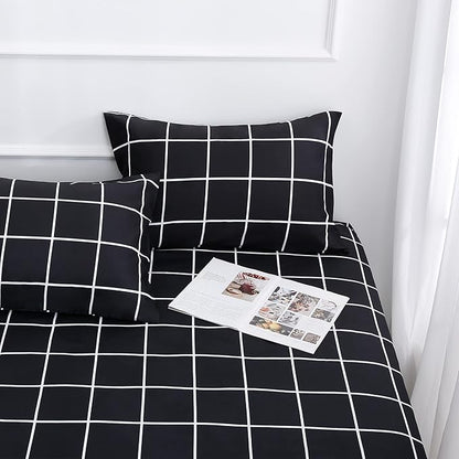Best Season Bed Sheet Set 4 Pieces -Queen Size-Soft Durable Microfiber Bedding Sheet Set,Deep Pocket,Stain,Fade & Wrinkle Resistant (Plaid Black)