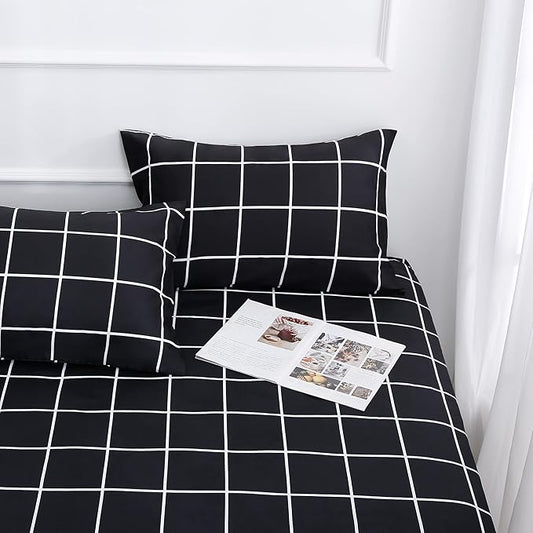 Best Season Bed Sheet Set 4 Pieces -Queen Size-Soft Durable Microfiber Bedding Sheet Set,Deep Pocket,Stain,Fade & Wrinkle Resistant (Plaid Black)