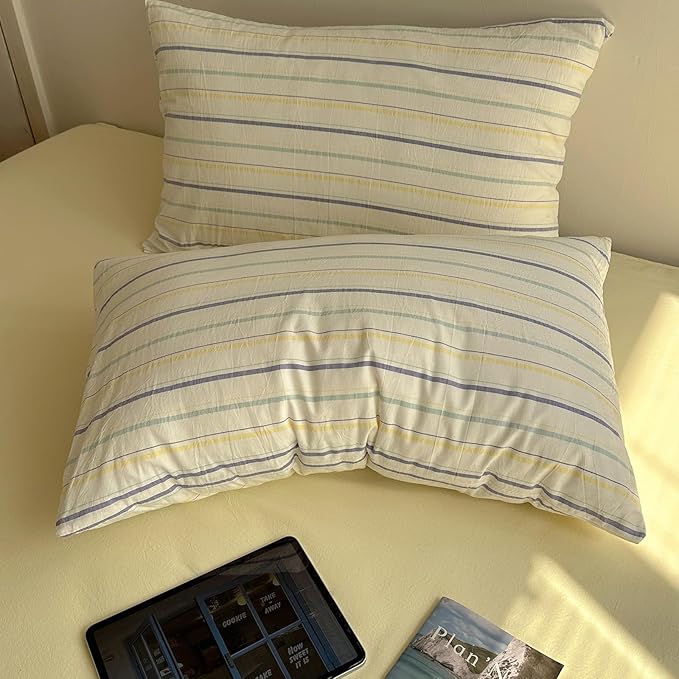 EAVD Vintage Colorful Striped Comforter Set Queen Soft Cotton 3-Piece Retro Vertical Striped Bedding Set with 2 Pillowcases Boho Geometric Comforter Set for All-Season(Purple&Yellow&Blue, Queen)
