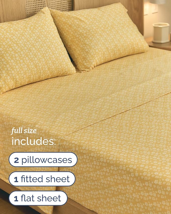 Floral Sheets - Yellow Floral Bed Sheet Set - 1 Flat, 1 Fitted & 2 Pillowcases w/ Deep Pockets - Comfy, Wrinkle & Fade Free - Boho Botanical Bedding - Ultra-Soft, Breathable & Cooling - Full Size Set