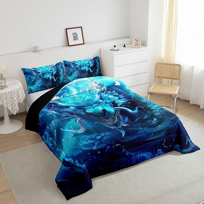 3D Dragon Comforter Set King Size,Western Magical Dragon Gothic Bedding Set for Kids Boys Teens Men Room Decor,Waterdrop Nature Animal Duvet Insert 3Pcs,Wildlife Retro Quilt Set,2 Pillowcases
