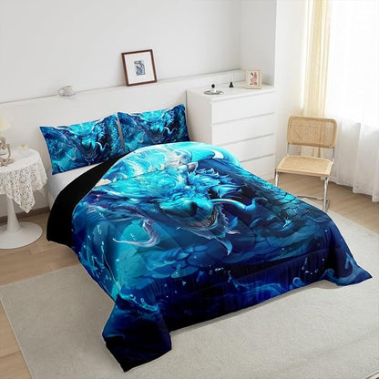 3D Dragon Comforter Set King Size,Western Magical Dragon Gothic Bedding Set for Kids Boys Teens Men Room Decor,Waterdrop Nature Animal Duvet Insert 3Pcs,Wildlife Retro Quilt Set,2 Pillowcases