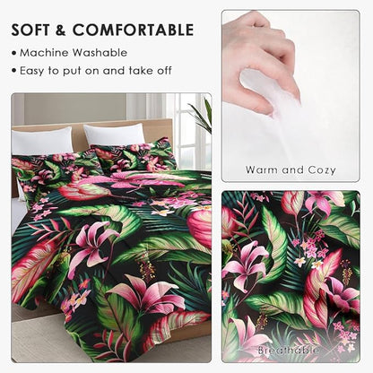 Queen Size Comforter Set with 2 Pillowcases, Tropical Leaves Flower Hibiscus Soft 3 Pcs Bedding for Kids and Adults Bedroom Bed Decor