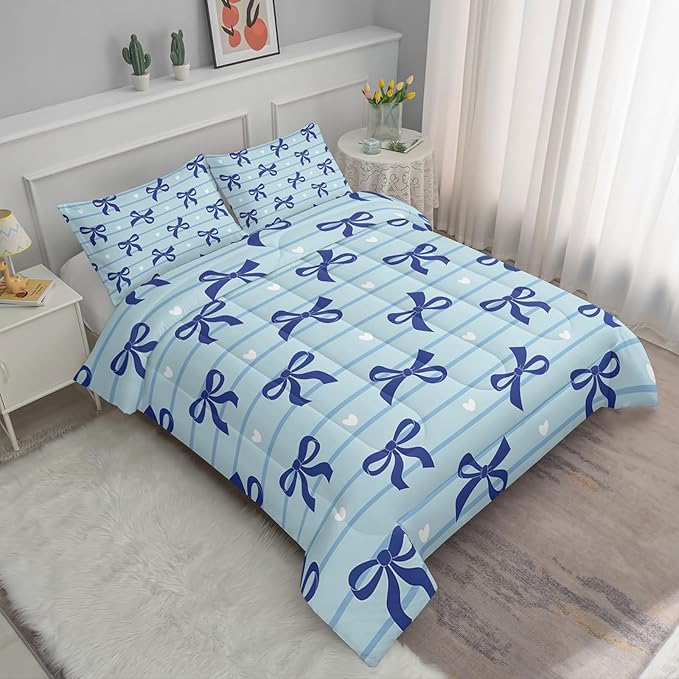 3Pcs Bow Bedding for Girls,Blue Bowknot and White Love Heart Printed Bedding Set King Size,Blue Striped Comforter for Teens Boys Girls,Kawaii Cartoon Comforter Set 1 Quilt 2 Pillowshams
