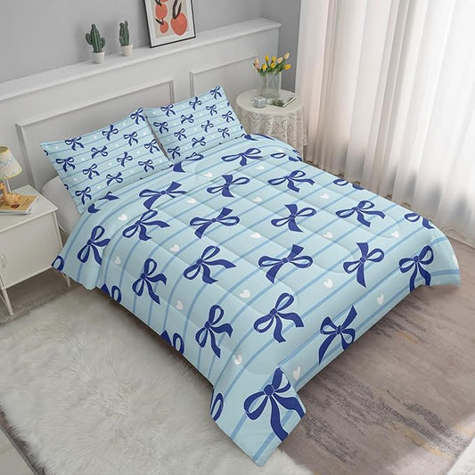 3Pcs Bow Bedding for Girls,Blue Bowknot and White Love Heart Printed Bedding Set Queen Size,Blue Striped Comforter for Teens Boys Girls,Kawaii Cartoon Comforter Set 1 Quilt 2 Pillowshams