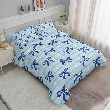 3Pcs Bow Bedding for Girls,Blue Bowknot and White Love Heart Printed Bedding Set Full Size,Blue Striped Comforter for Teens Boys Girls,Kawaii Cartoon Comforter Set 1 Quilt 2 Pillowshams