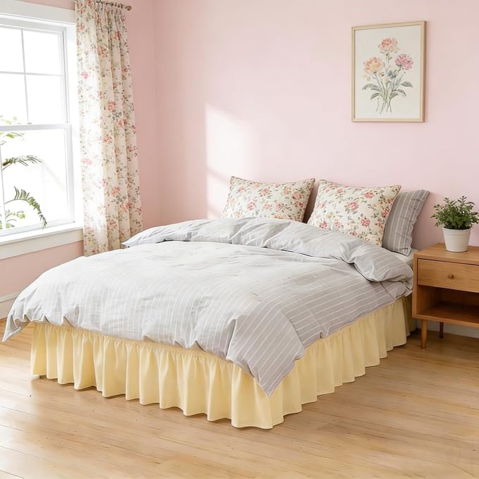 RIMELA Butter Yellow Bed Skirt King Size 15 Inch Drop, Elastic Bed Skirting for Bed Base and Frame, Lightweight Wrap Around Adjustable Bedskirt, Bedding Dust Ruffle Easy to Install
