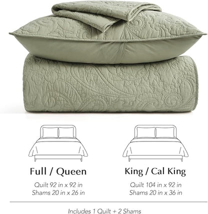 EVERGRACE 100% Cotton Paisley Quilt Set, Queen Size 3 Piece Set – Prewashed Lightweight Bedspread with 2 Shams, Soft & Breathable Matelasse Coverlet for All-Season Comfort, Light Sage Green