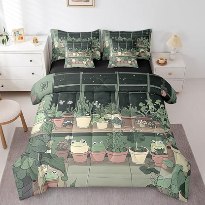jejeloiu Cute Frog Bedding Set 7Pcs King Size Kids Cartoon Comforter Set with Sheets for Boys Girls Plant Bed in a Bag Soft Lightweight,Microfiber