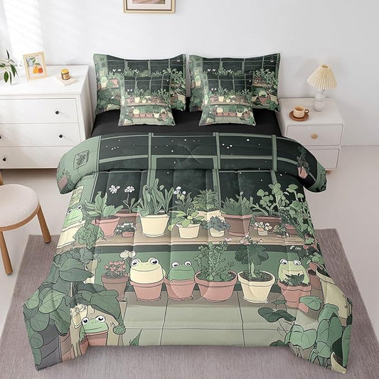 jejeloiu Cute Frog Bedding Set 7Pcs King Size Kids Cartoon Comforter Set with Sheets for Boys Girls Plant Bed in a Bag Soft Lightweight,Microfiber