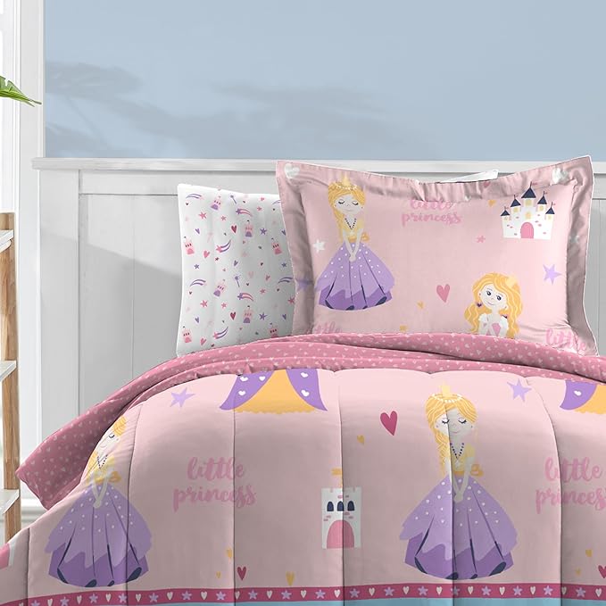 Dream Factory Kids 7-Piece Complete Bed Set Easy-Wash Super Soft Microfiber Comforter Bedding, Full, Pink Little Princess