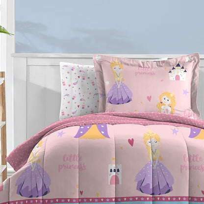 Dream Factory Kids 7-Piece Complete Bed Set Easy-Wash Super Soft Microfiber Comforter Bedding, Full, Pink Little Princess