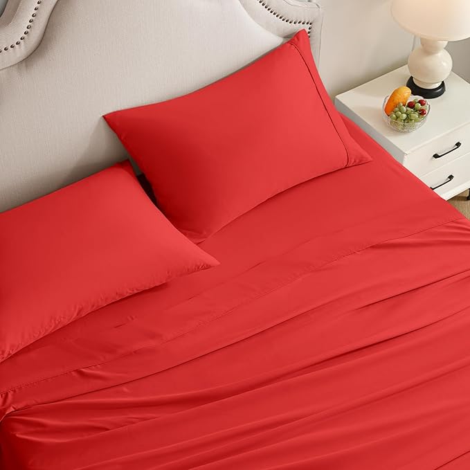 King Size Sheets Set, 4 Pieces Hotel Luxury Soft Microfiber Bed Sheets Set, Up to 16" Deep Pockets, Oeko-Tex Sheets with Elastic, Breathable, Wrinkle Free (Red, King)