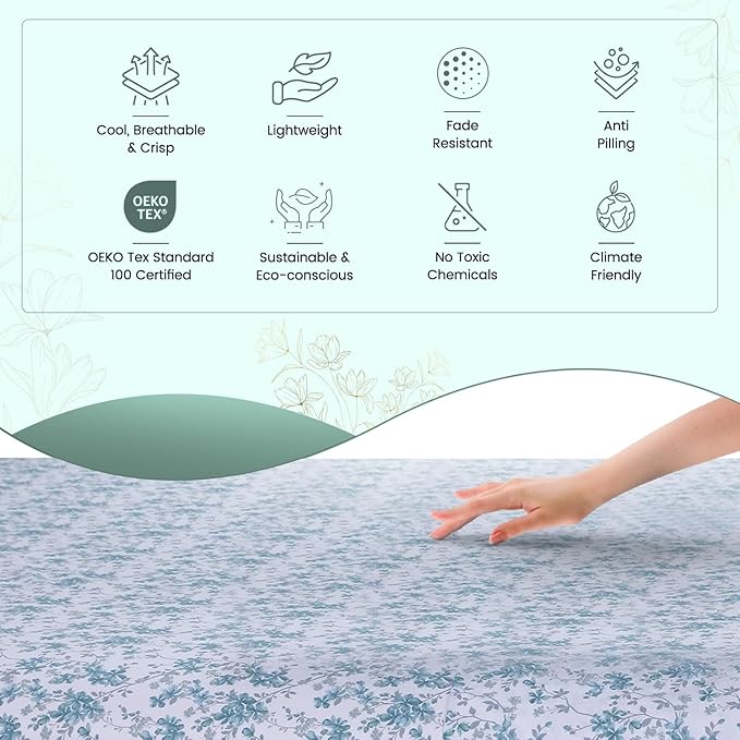 Feather & Stitch Softest 100% Cotton Sheets, 300 Thread Count Percale Weave Bedding, 16" Deep Pocket, Cooling Sheets, Breathable Bed Set, Hotel Premium Quality (King, Blue Floral)