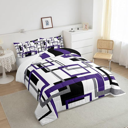 Erosebridal Geometric Comforter Set for Kids Boys Girls,Vintage Black White Grey Purple Bedding Set Twin Size,Modern Farmhouse Quilt Bedroom Decor,Striped Pattern Duvet Insert with 1 Pillow Sham