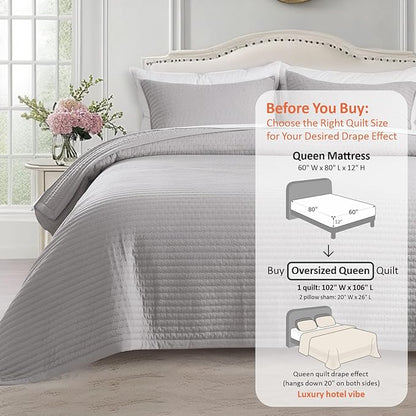 KASENTEX Oversized Queen Quilt Set 102"x106" – Soft Washed 3-Layer Lightweight Bedspread, Minimalist Nordic Design, All-Season Spring & Summer Quilt Set (1 Quilt + 2 Pillow Shams), Gull