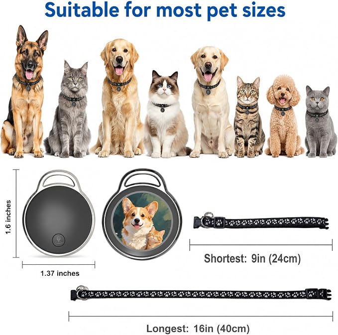GPS Tracker for Dogs/Cats, Real-Time Tractive GPS Dog Tracker Device | Dog/Cat Tracker Pet Location Tracking with Collar, No Monthly Fee/No SIM Card, Works for iOS Find My, IP68 Waterproof