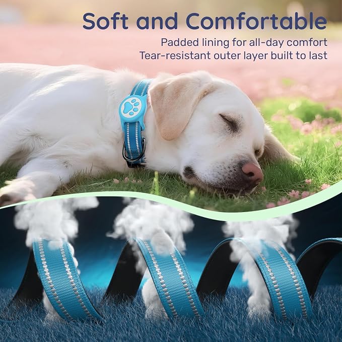 Airtag Dog Collar, Reflective Ultra-Durable Nylon Padded with QR Buckle & IP68 Waterproof Air Tag Holder Compatible for Apple AirTag, Comfortable for Small Medium Large Dogs (Blue, XL)