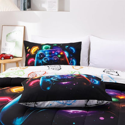 Aimuan Game Console Comforter Set for Boys Girls Kids Space Universe Gaming Geometric Lightweight Microfiber Gamer Bedding Sets (Black-Multi, Queen 6Pcs)