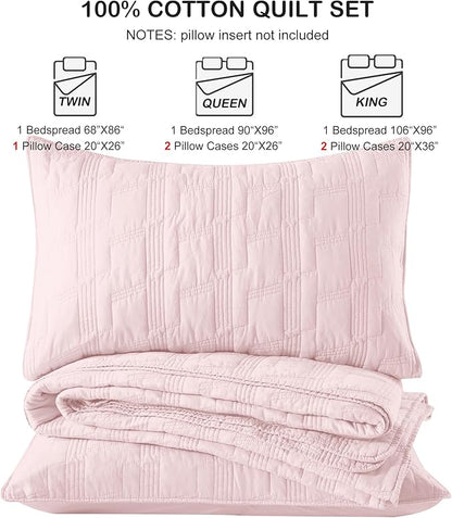 HORIMOTE HOME 100% Cotton Quilt Set Queen Size, Light Pink Pre-Washed 3-Piece Bedspread Coverlet Set, Cozy Lightweight Stitching Bedding Cover with 2 Shams in Geometric Pattern for All Season