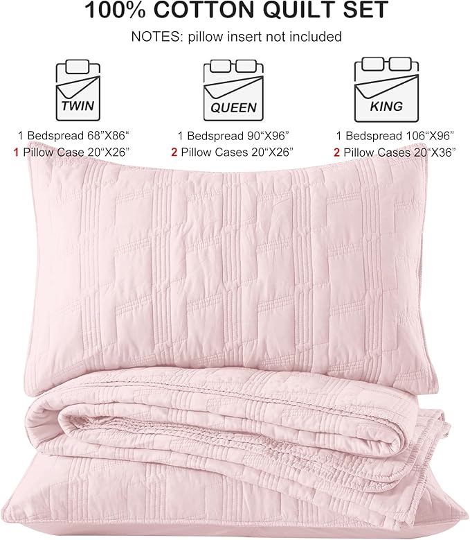 HORIMOTE HOME 100% Cotton Quilt Set Twin Size, Light Pink Pre-Washed 2PS Bedspread Coverlet Set, Cozy Lightweight Stitching Decorative Bedding Cover with 1 Shams in Geometric Pattern for All Season