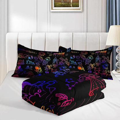 Cartoon Space Comforter Set for Kids Boys Girls,3 Pieces Outer Space Bedding Twin Size,Rocket Planet Spaceship Travel Toddler Bedding Set for Teen Boy Room Decor with 1 Comforter 2 Pillowcase