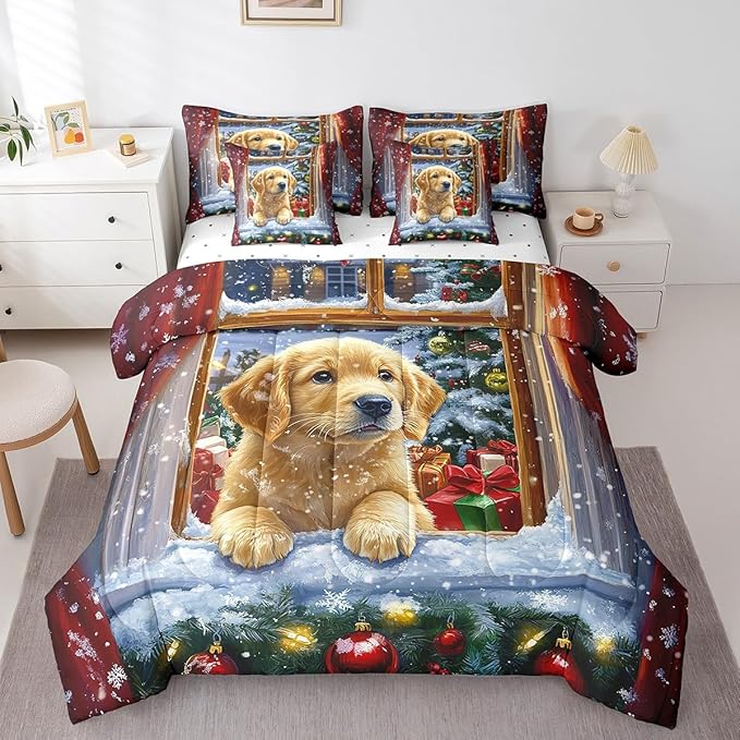 Castle Fairy Cute Dog Puppy 7 Pieces Bedding Set Queen Bed in a Bag,Watercolor Christmas Trees Bell Comforter Set,Kids Happy New Year Gifts Soft Warm Microfiber Bedding