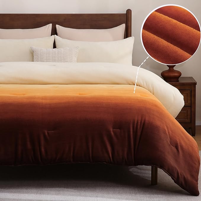 Bedbay Orange Gradient Plush Fleece Comforter Set King Size Ultra Soft Velvety Bedding Thick Warm Cozy Winter Quilt with 2 Pillowcases Luxury Sunset Ombre Fluffy Bed Set for All Seasons