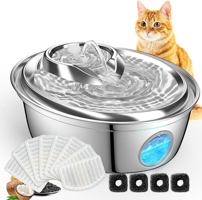 ORSDA Cat Water Fountain Stainless Steel 67oz/2L, Automatic Pet Drinking Fountain with Water Level Window, Dog Water Bowl for Cats and Small Dogs- 8 Filters +4 Pump Sponges (D36)