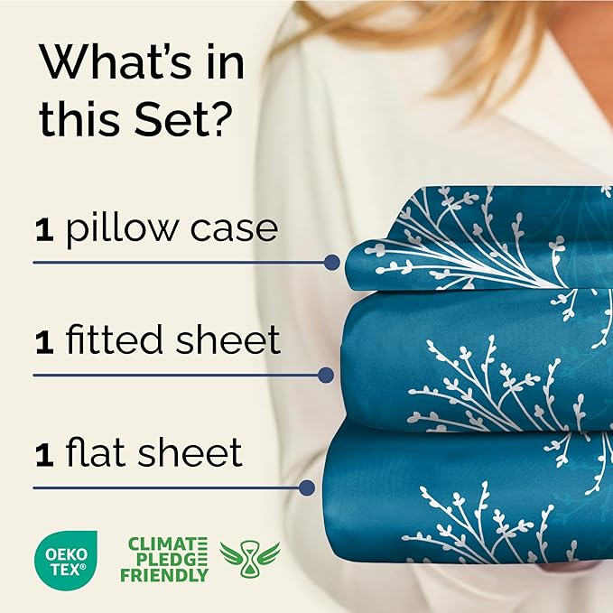 Floral Sheets - Blue & White Floral Bed Sheet Set - 1 Flat, 1 Fitted & 1 Pillowcase w/ Deep Pockets - Wrinkle & Fade Free - Boho Botanical Bedding - Ultra-Soft, Breathable & Cooling - Twin XL Size Set