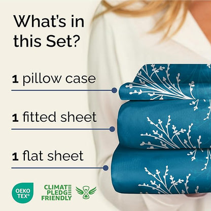 Floral Sheets - Blue & White Floral Bed Sheet Set - 1 Flat, 1 Fitted & 1 Pillowcase w/ Deep Pockets - Wrinkle & Fade Free - Boho Botanical Bedding - Ultra-Soft, Breathable & Cooling - Twin XL Size Set