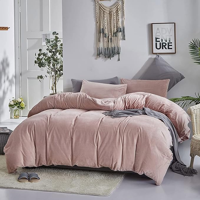 Luxlovery Pink Velvet Comforter Set Full Dusty Pink Flannel Plush Bedding Comforter Set Winter Thick Warm Solid Haze Pink Quilts Blanket Soft Heavyweight Comforter Set for Full Bed