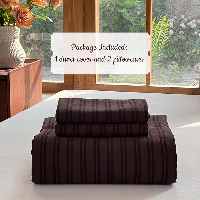 Striped Duvet Cover Set 100% Washed Cotton Linen Like Soft Feelling Breathable Bedding(Pine Bark Brown/Black Strip,Full)