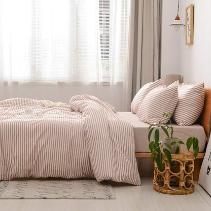 JELLYMONI 100% Natural Cotton 2pcs Striped Duvet Cover Sets,White Duvet Cover with Pink Stripes Pattern Printed Comforter Cover,with Zipper Closure & Corner Ties(Twin Size)