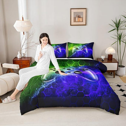 Kids Boys Gamer Bedding Set Honeycomb Gaming Comforter Set for Teens Video Game Gampad Quilt Game Room Decor, Green Blue Gradient Honeycomb Duvet Insert,3Pcs (1 Comforter 2 Pillowcases)（Full Size）