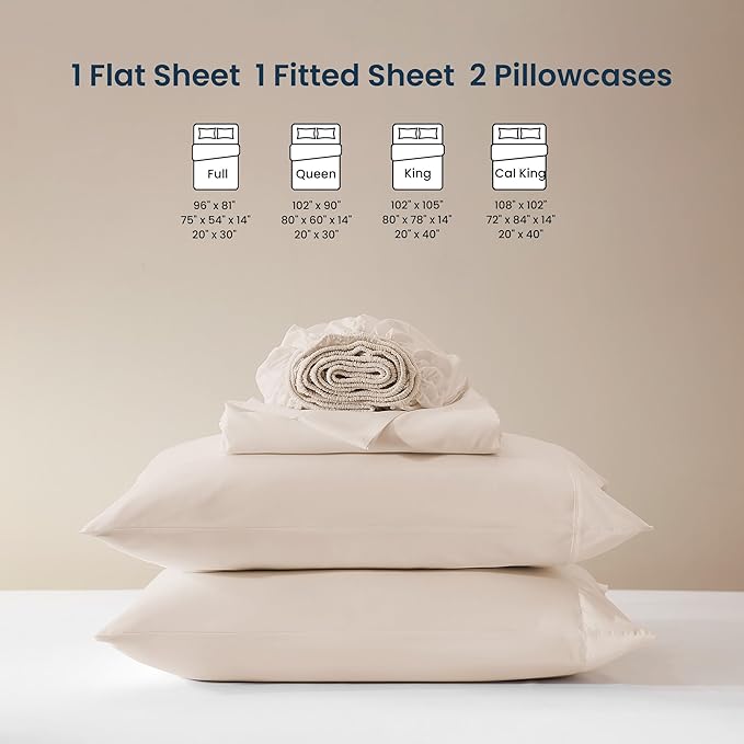 SLEEP ZONE Nanotex Super Soft Cooling Full Size Bed Sheets Set 4 Piece - Easy Care Fitted Flat Sheet & Pillowcase Sets - Wrinkle Free, Fade Resistant, Deep Pocket 16" (Beige, Full)