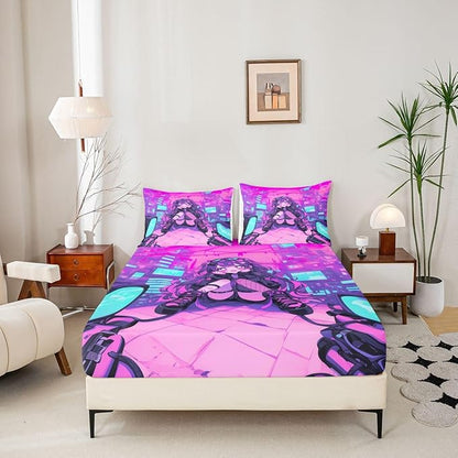 Erosebridal Fashion Girls Queen Bed Sheets Japanese Girl Fitted Sheet,Girly 3D Gaming Kids Bedding Sets Fashion Pink Coquette Sheets with 2 Pillowcases