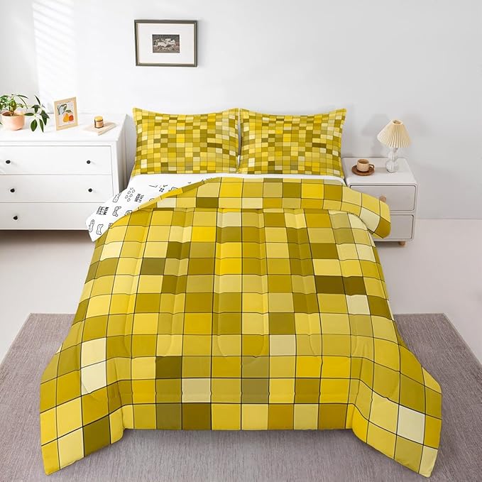 Pixelated Miners Game Kids Bedding Set King Size,Video Games Gamepad Gaming Comforter Set,Geometric Square Quilt Comforter,Yellow Bedroom Duvet Insert,2 Pillowcases