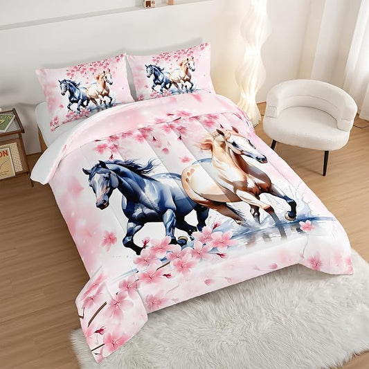 Horse Comforter Set Kids Bedding Queen Size,Pink Cherry Blossom Bedding Set for Girls Boys Teens Bedroom Decor Aesthetic,Galloping Horse Bedding Comforter Sets with 2 Pillowcases.