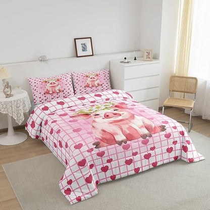 Cute Pig Bedding Set Full, Cherry Blossoms Comforter Set For Girls Kids, Cartoon Pet Animal Duvet Set, Pink Grid Heart Pattern Lattice Quilted Duvet, Farmhouse Bedding Comforters, All Season