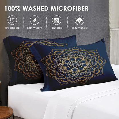 Full Size Comforter Set with 2 Pillowcases, Navy Blue Boho Gold Mandala Soft 3 Pcs Bedding for Kids and Adults Bedroom Bed Decor