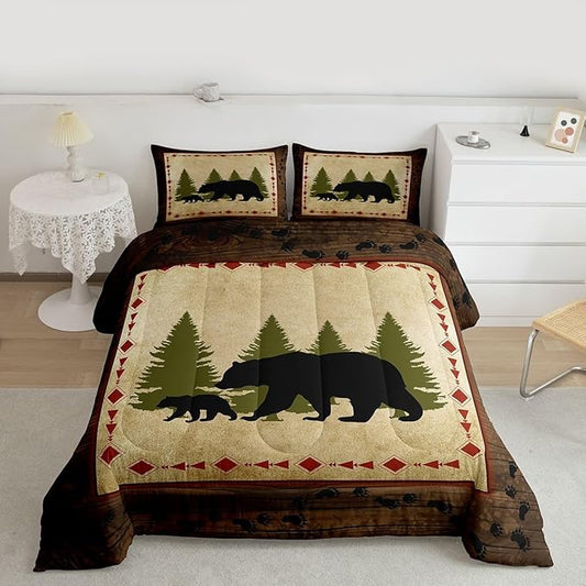 Erosebridal Bear Comforter Set Twin Size Rustic Farmhouse Wildlife Bedding Wild Animals Quilt Country Cabin Lodge Decor Down Comforter Nature Woodland Bear Paw Print Duvet Insert Brown Green