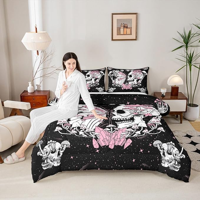 Butterfly Skull Comforter Set Twin Size Pink Mushroom Quilted Duvet Gothic Starry Galaxy Moon Bedding Set 2pcs for Kids Teens Girls Boys Bedroom Decor Trippy Plants Duvet Insert,1 Pillowcase