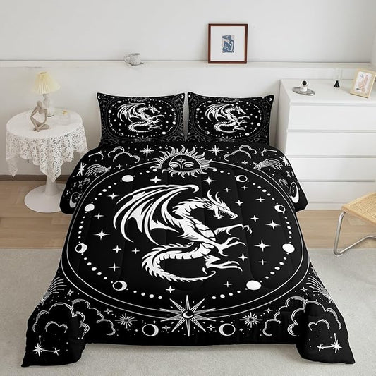 Black White Dragon Comforter Set Queen Size,Sun Moon Stars Cloud Galaxy Bedding Set for Kids Girls Boys Teens Room Decor,Western Magical Boho Style Duvet Insert,Exotic Luxury Quilt Set,2 Pillowcases