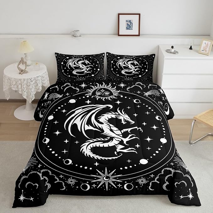 Black White Dragon Comforter Set Full Size,Cloud Galaxy Sun Moon Stars Bedding Set for Kids Girls Boys Teens Room Decor,Western Magical Boho Style Quilt Set,Exotic Luxury Duvet Insert,2 Pillowcases